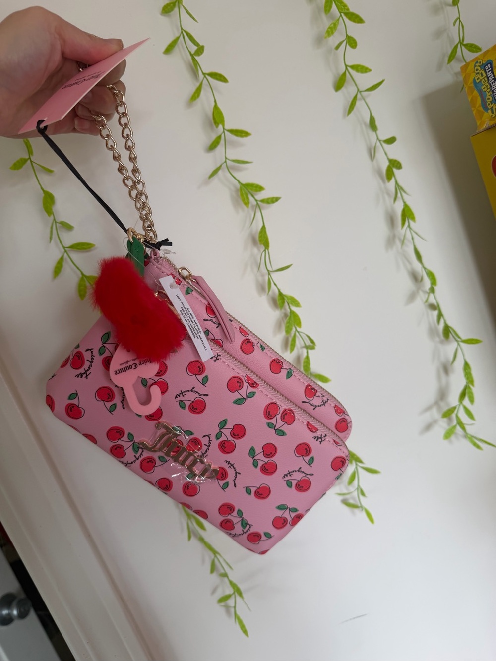 Juicy Couture Pink Cherry Print Mini Wristlet with Red Pom Charm